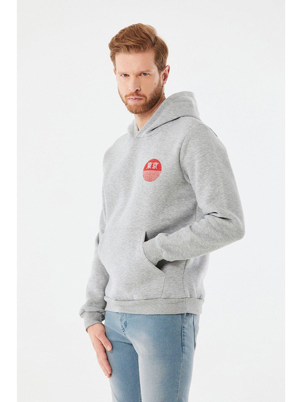 Gri Baskılı Kanguru Cepli Kapüşonlu Sweatshirt-2