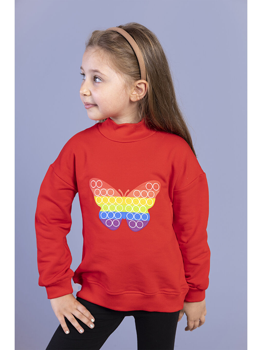 Kırmızı Kız Çocuk Pamuklu Balıkçı Yaka Popıt Desenli Sweatshirt-2