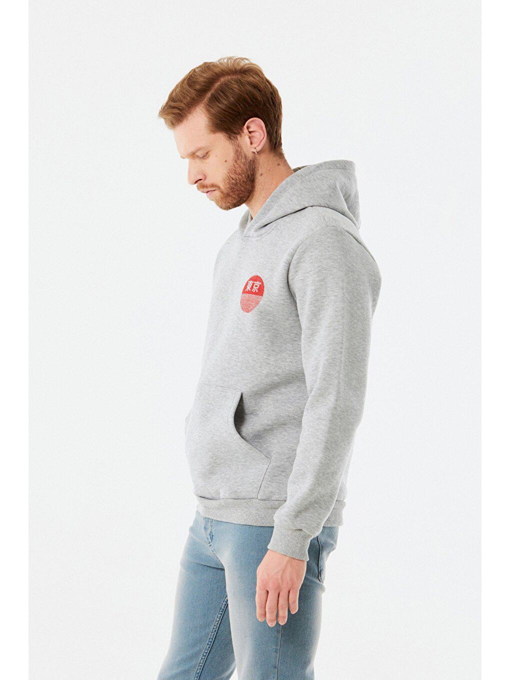 Gri Baskılı Kanguru Cepli Kapüşonlu Sweatshirt-3