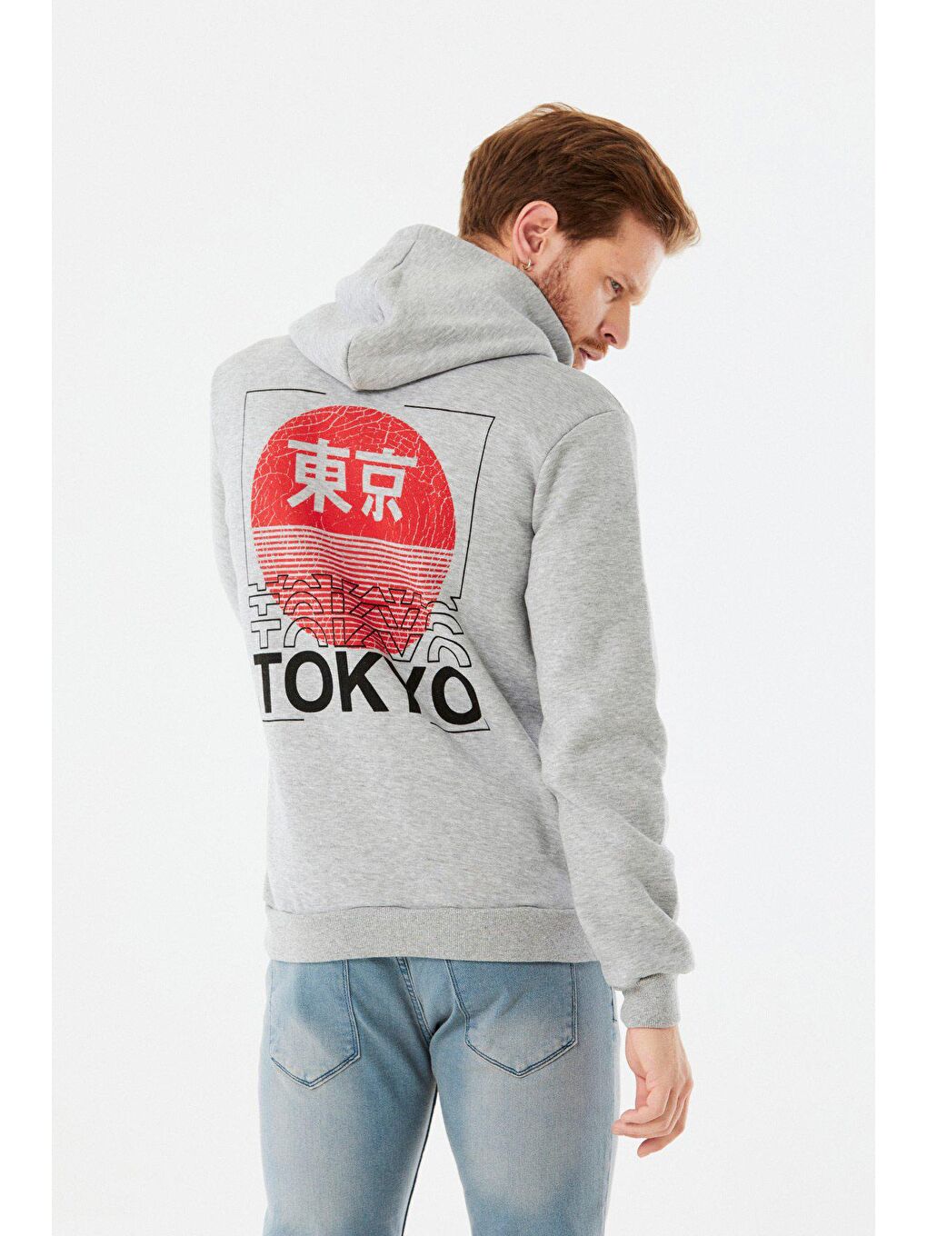 Gri Baskılı Kanguru Cepli Kapüşonlu Sweatshirt-4