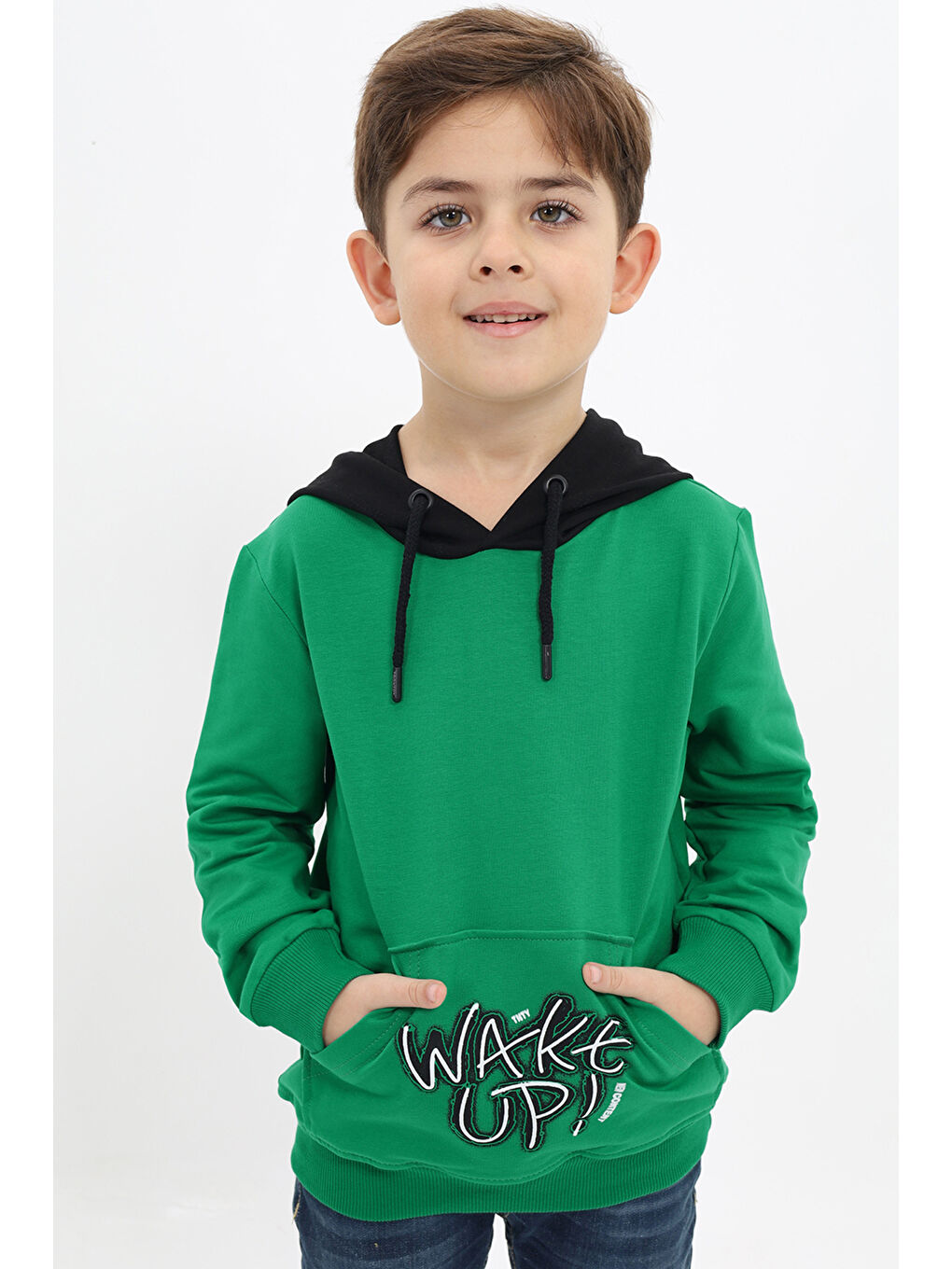 Yeşil Erkek Çocuk Relax Fit Kapüşonlu Cepli Renk Bloklu Baskılı Sweatshirt - 2 İplik-4