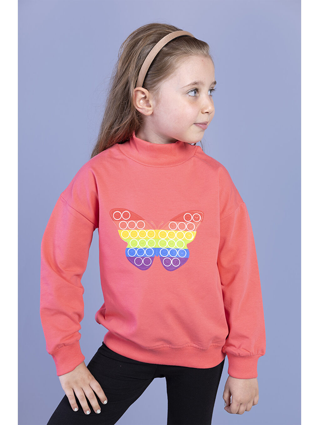 Kırmızı Kız Çocuk Pamuklu Balıkçı Yaka Popıt Desenli Sweatshirt-2