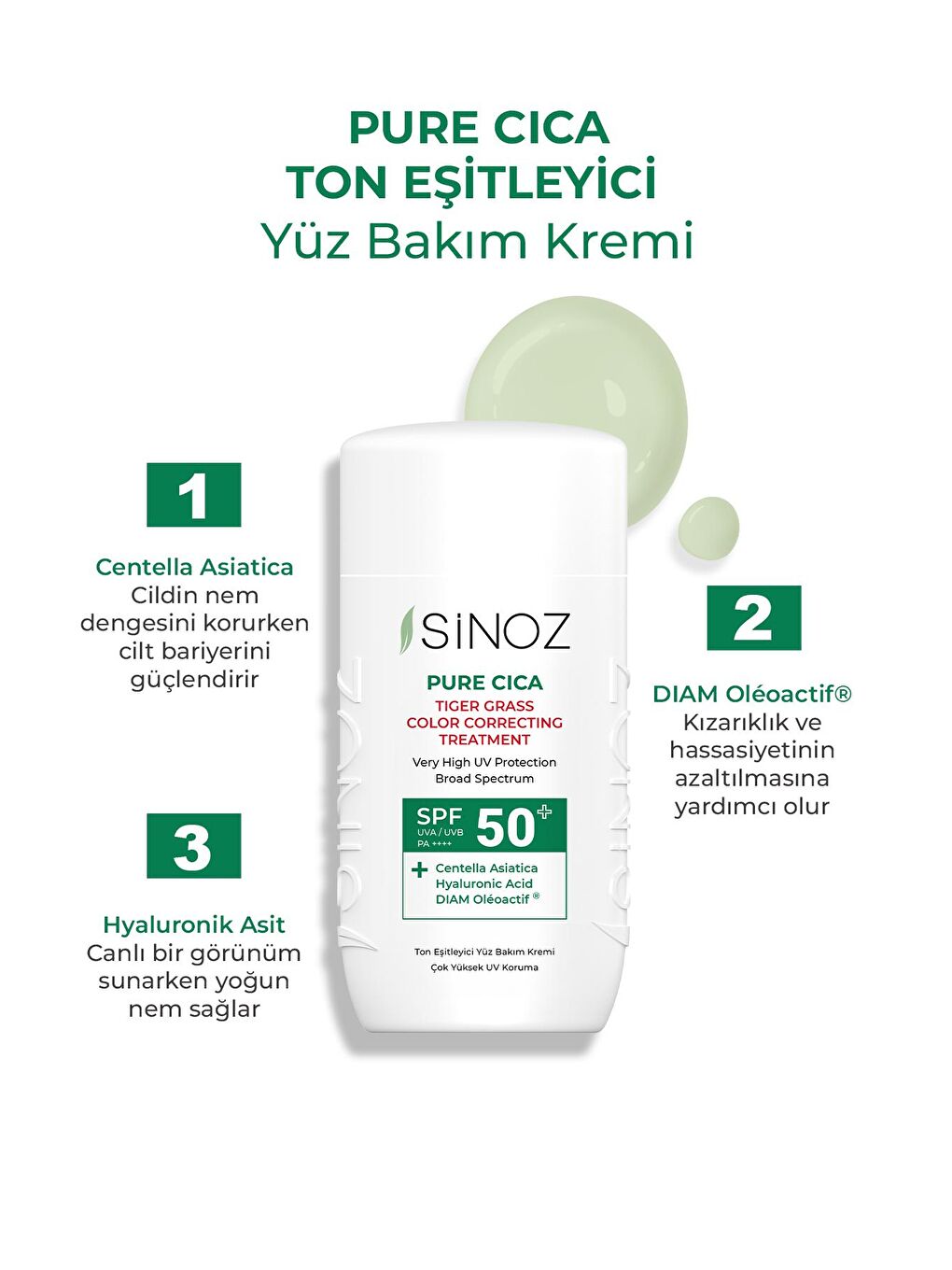 Sinoz Renksiz Spf50 Pure Cica Anında Ton Eşitleyici Yüz Bakım Kremi - Yeni Nesil Mineral Güneş Filtresi - 1