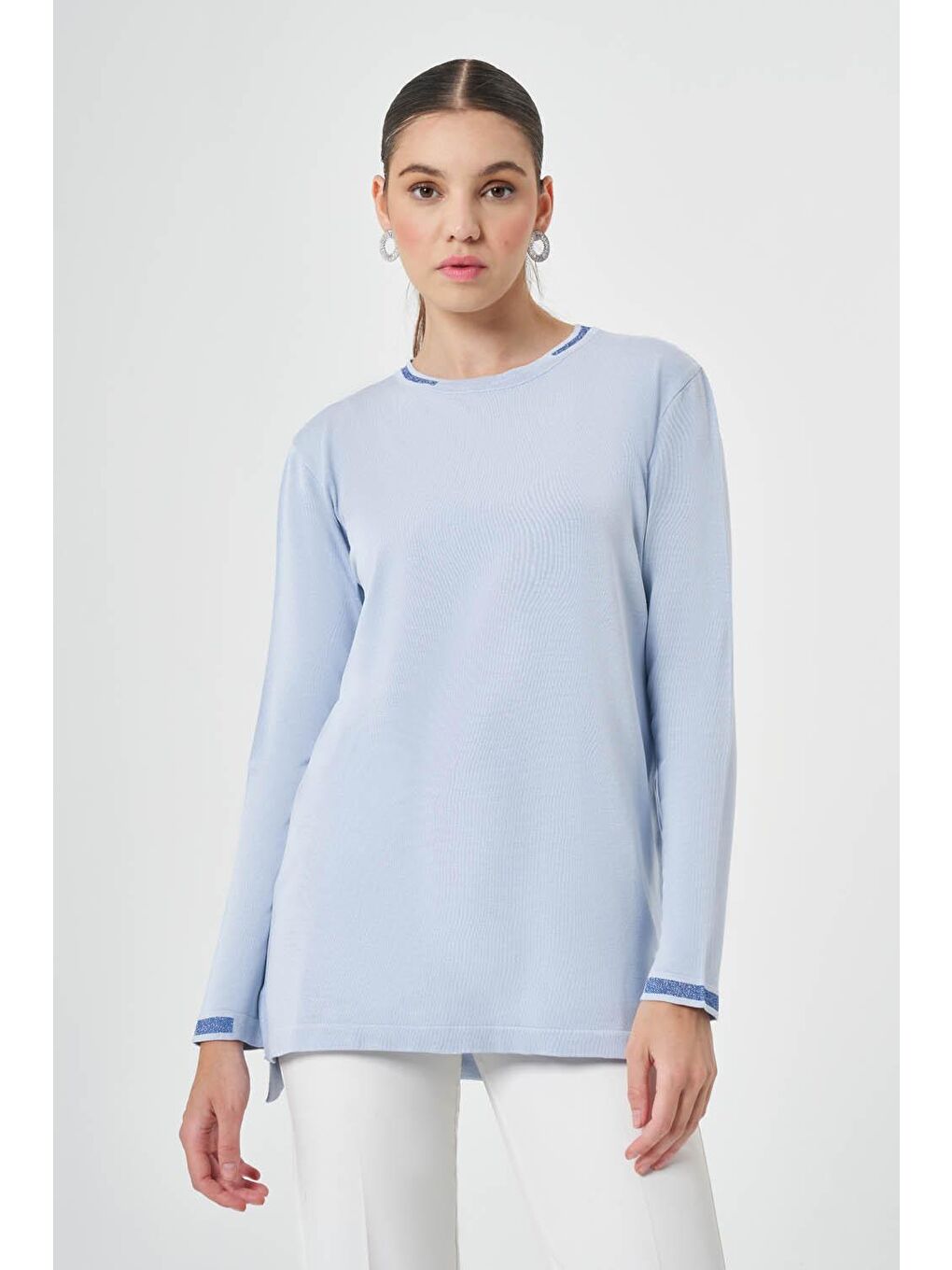 Simli O Yaka Triko Mavi Tunik