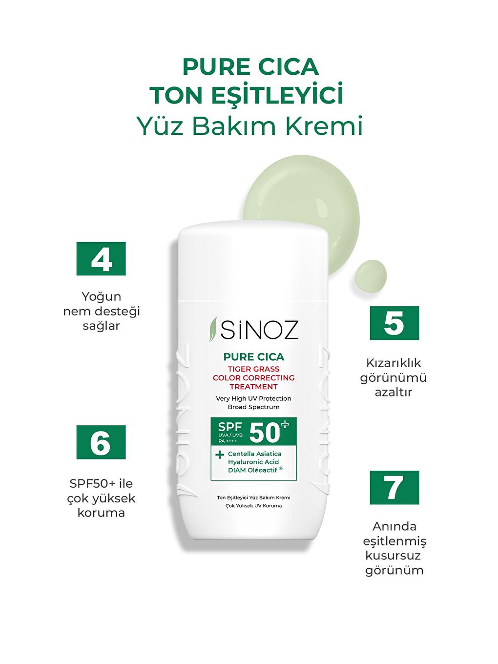 Sinoz Renksiz Spf50 Pure Cica Anında Ton Eşitleyici Yüz Bakım Kremi - Yeni Nesil Mineral Güneş Filtresi - 2