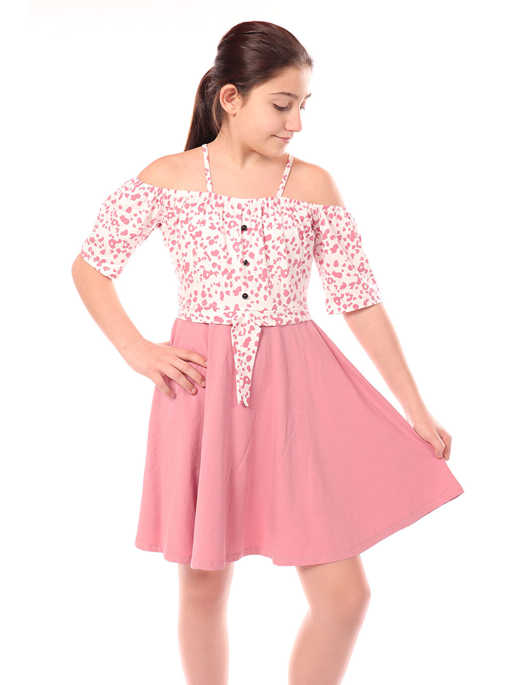 Pembe Kız Desenli Askılı Elbise