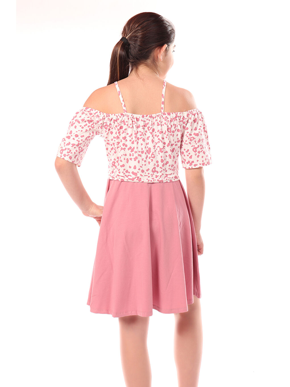 Pembe Kız Desenli Askılı Elbise-1