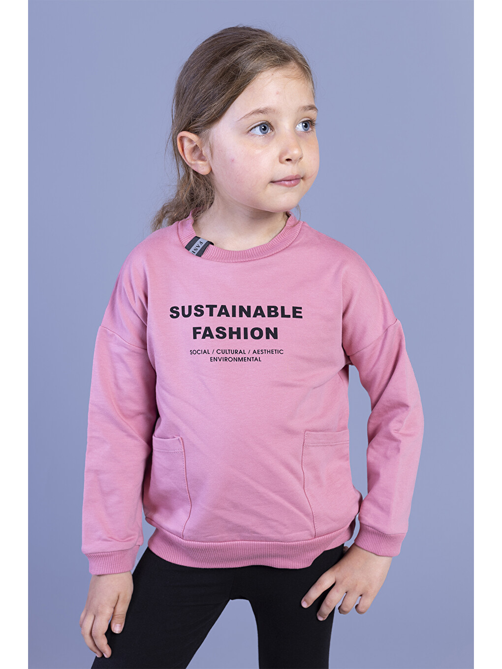 Pembe Kız Çocuk Cep Detaylı Baskılı Sweatshirt-1