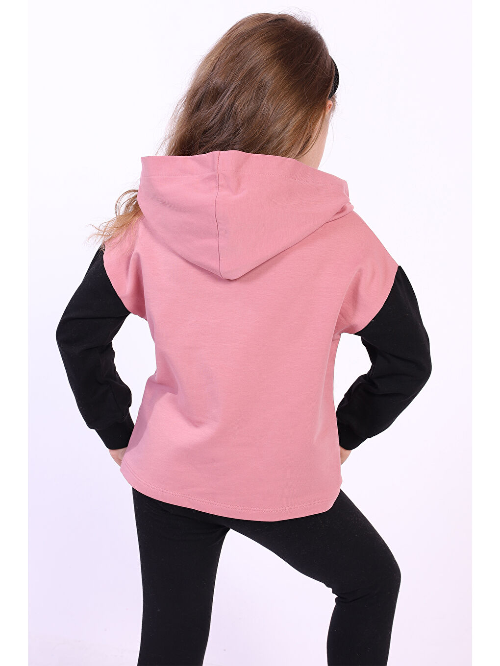 Pembe Kız Çocuk Kapüşonlu Blok Renkli Sweatshirt-1