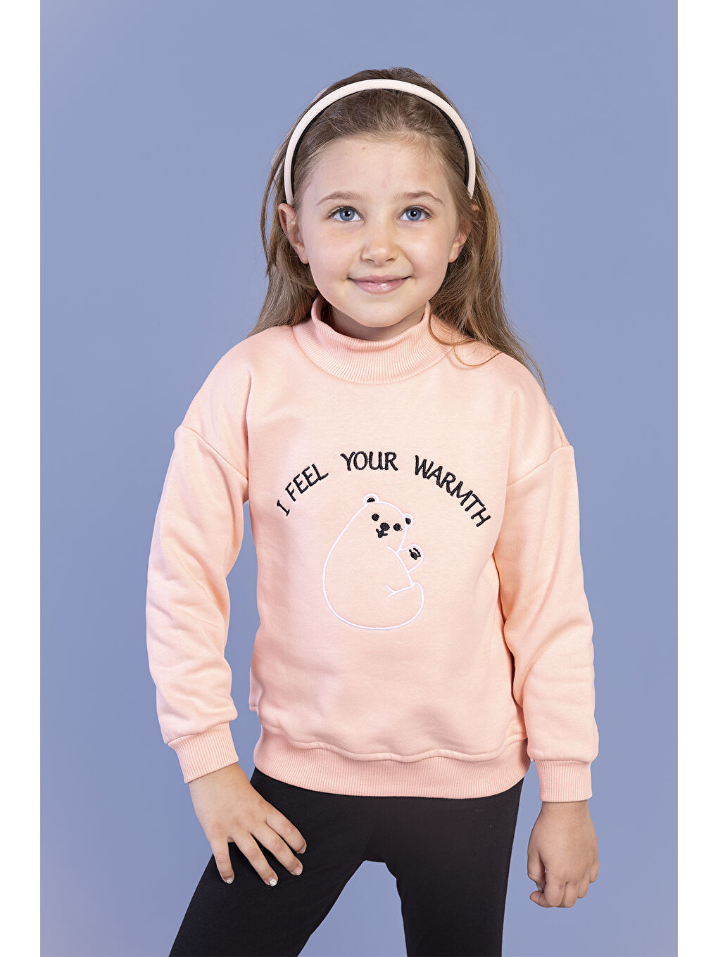 Pembe Kız Çocuk Nakışlı Balıkçı Yaka Pamuklu Sweatshirt-2