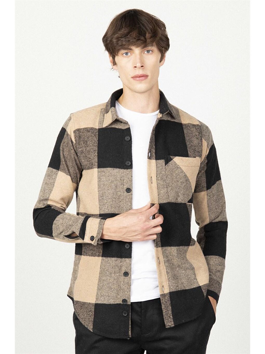 Siyah Slim Fit Kareli Tek Cepli Oduncu Erkek Renkli Gömlek