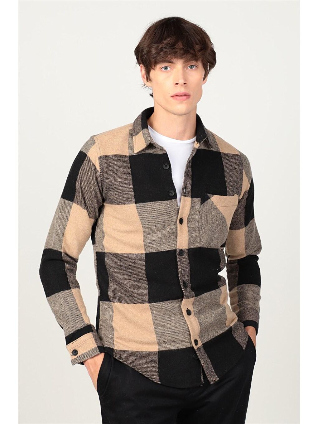 Siyah Slim Fit Kareli Tek Cepli Oduncu Erkek Renkli Gömlek-1