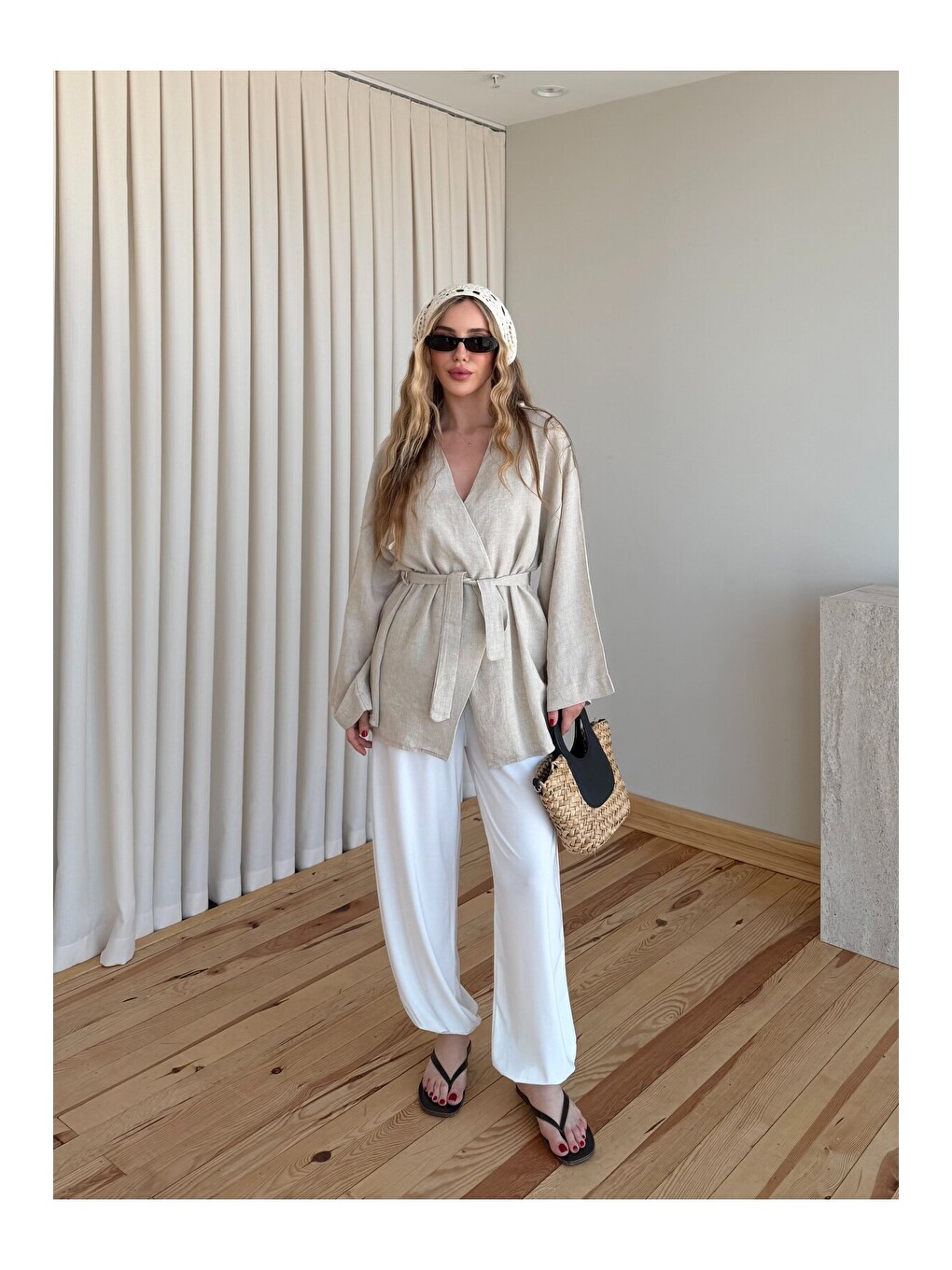 Bej Taş Düğme Detaylı Kemerli Kimono - 005-1
