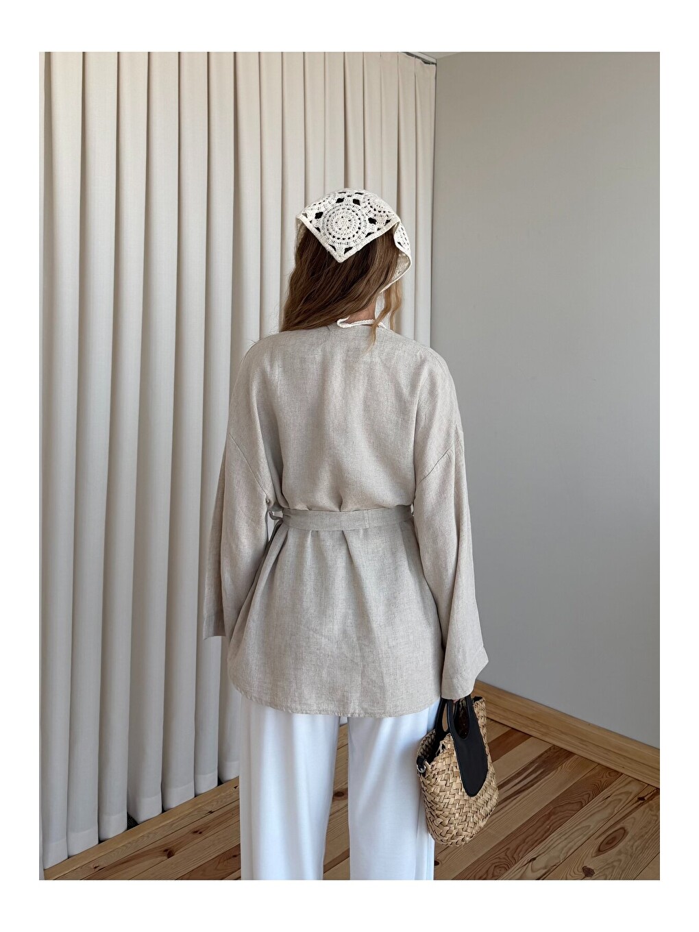 Bej Taş Düğme Detaylı Kemerli Kimono - 005-3