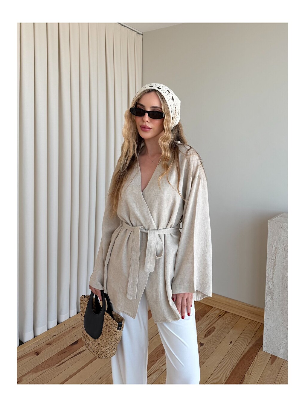 Bej Taş Düğme Detaylı Kemerli Kimono - 005-4