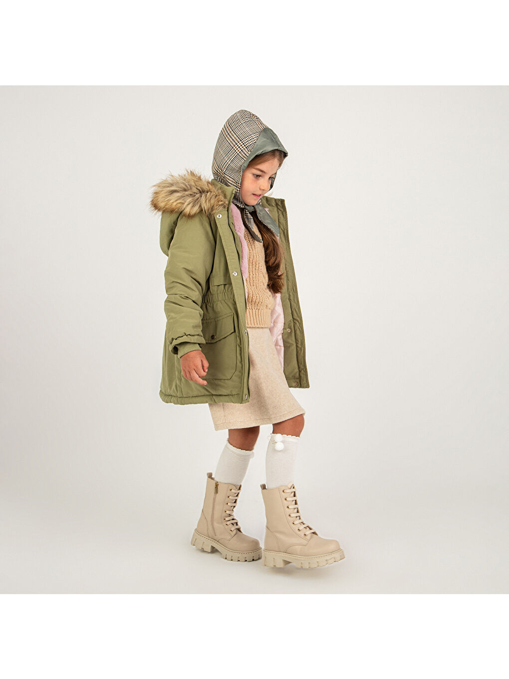 Yeşil Kız Çocuk Kapüşonlu Kaban