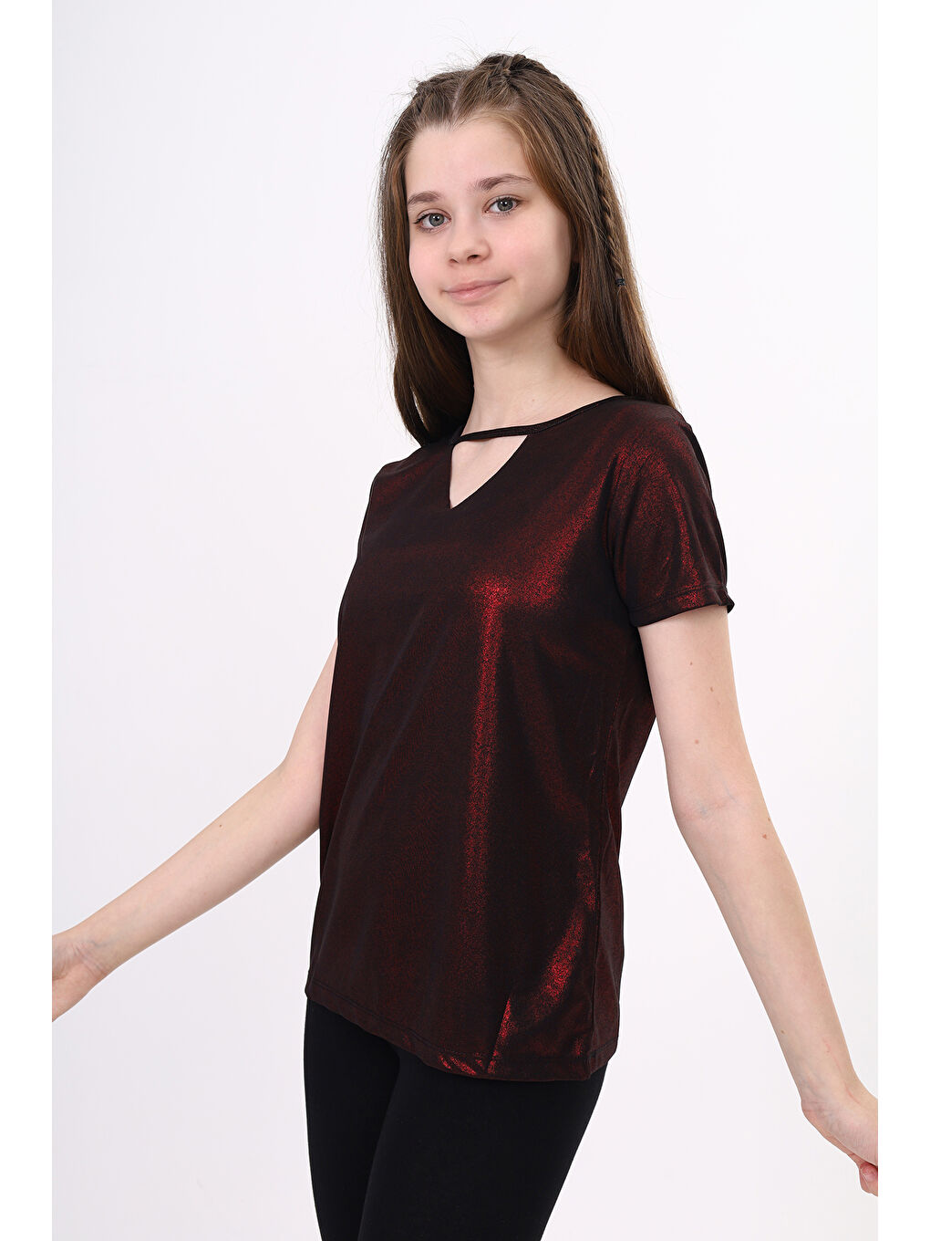 Bordo Kız Çocuk Kum Varaklı Tişört-2