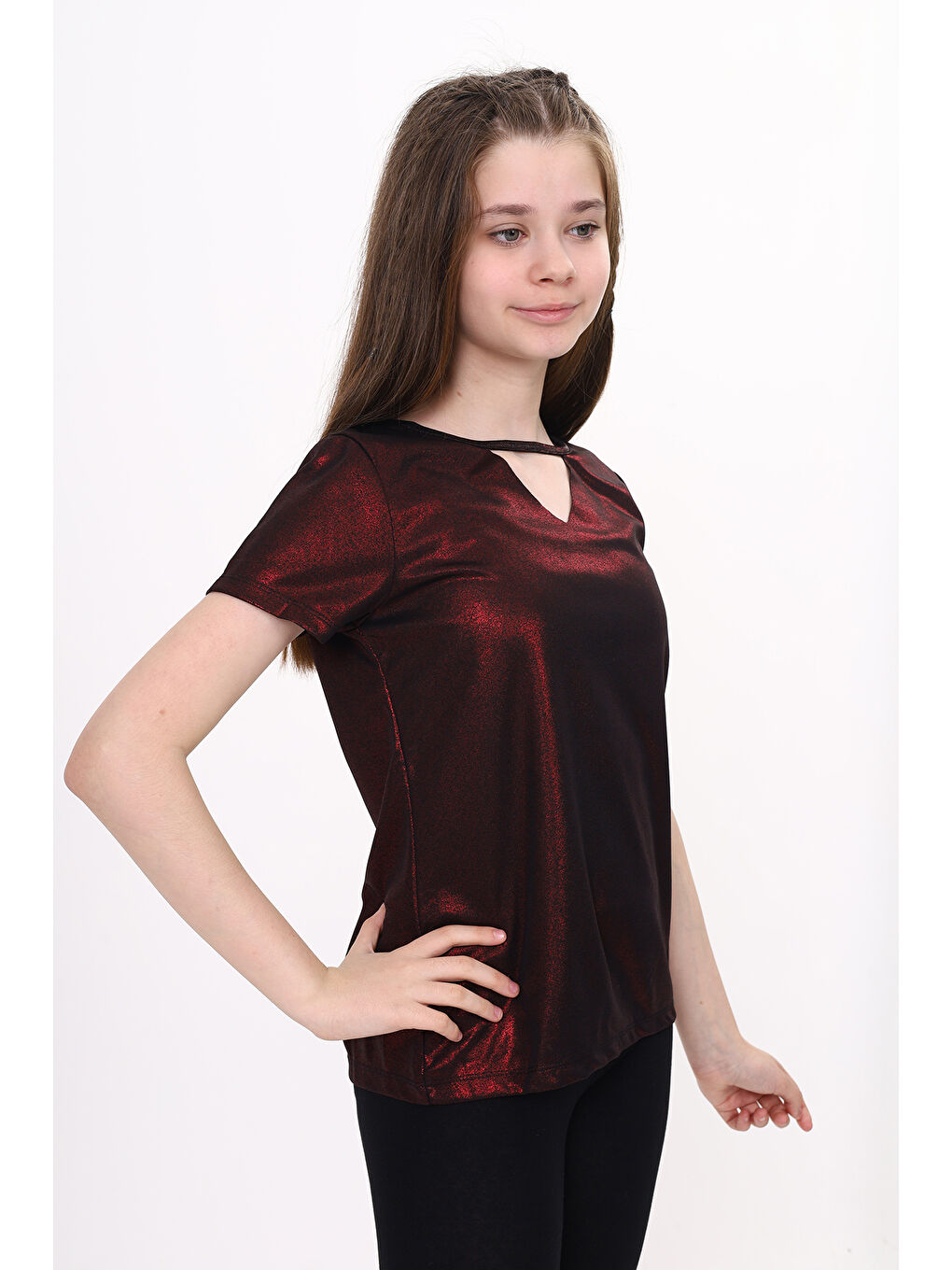 Bordo Kız Çocuk Kum Varaklı Tişört-3