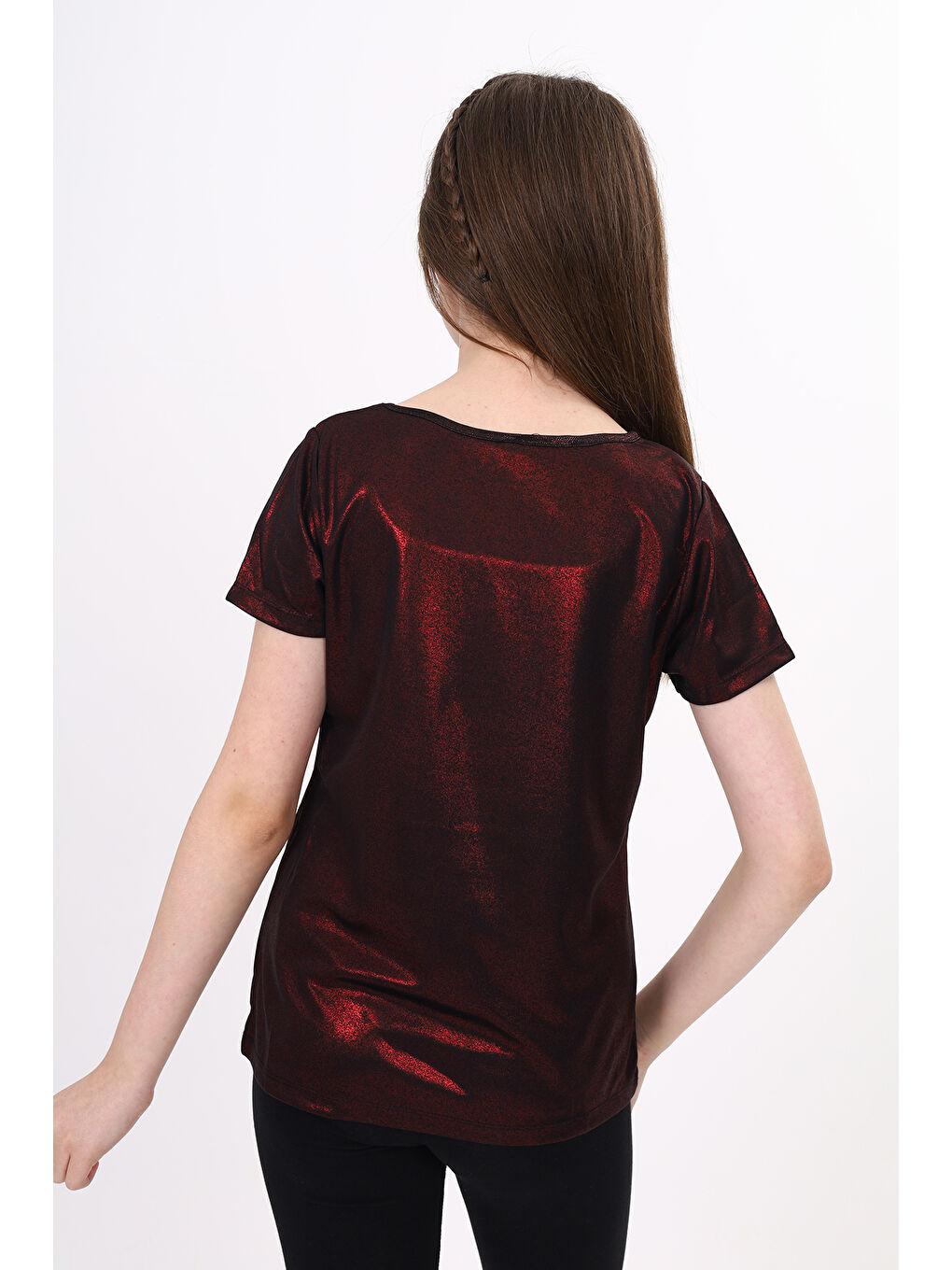 Bordo Kız Çocuk Kum Varaklı Tişört-4