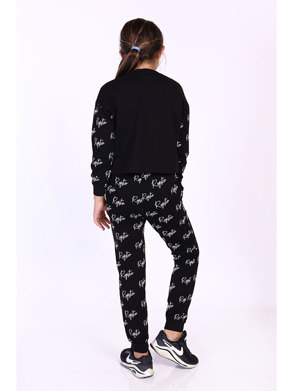 Siyah Kız Çocuk 2'li Takım Baskılı Bisiklet Yaka Sweatshirt & Beli Paçası Lastikli Jogger Eşofman Altı - R-2