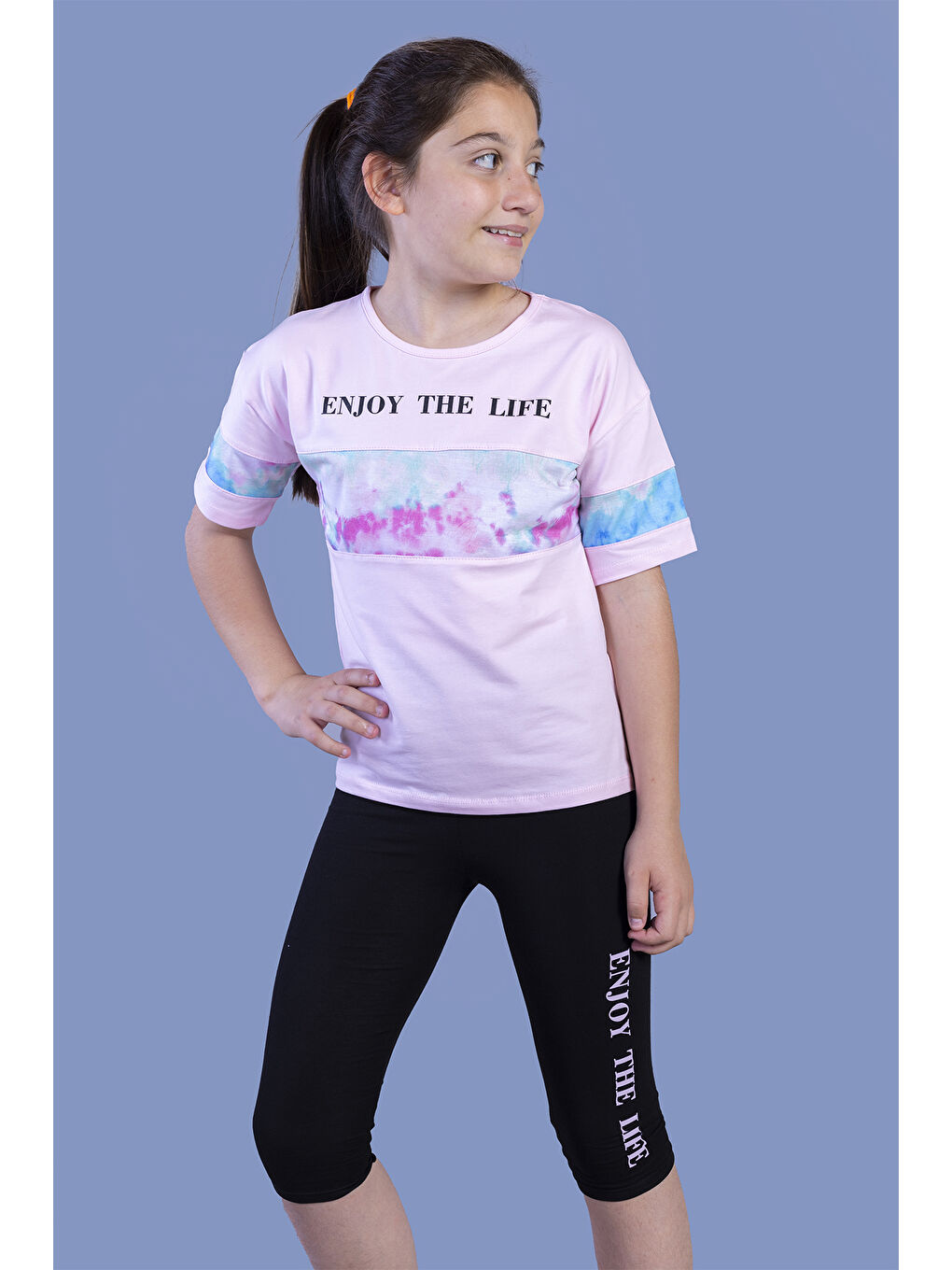 Pembe Kız Çocuk Garnili Baskılı Taytlı Takım-1