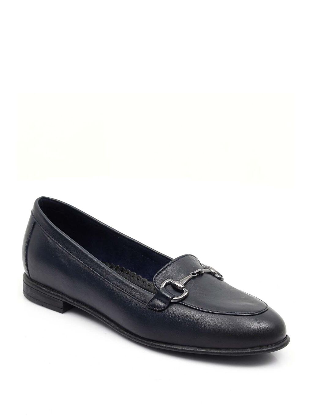 Lacivert Hakiki Deri Yuvarlak Burun Düz Taban Tokalı Kadın Babet 24162-4