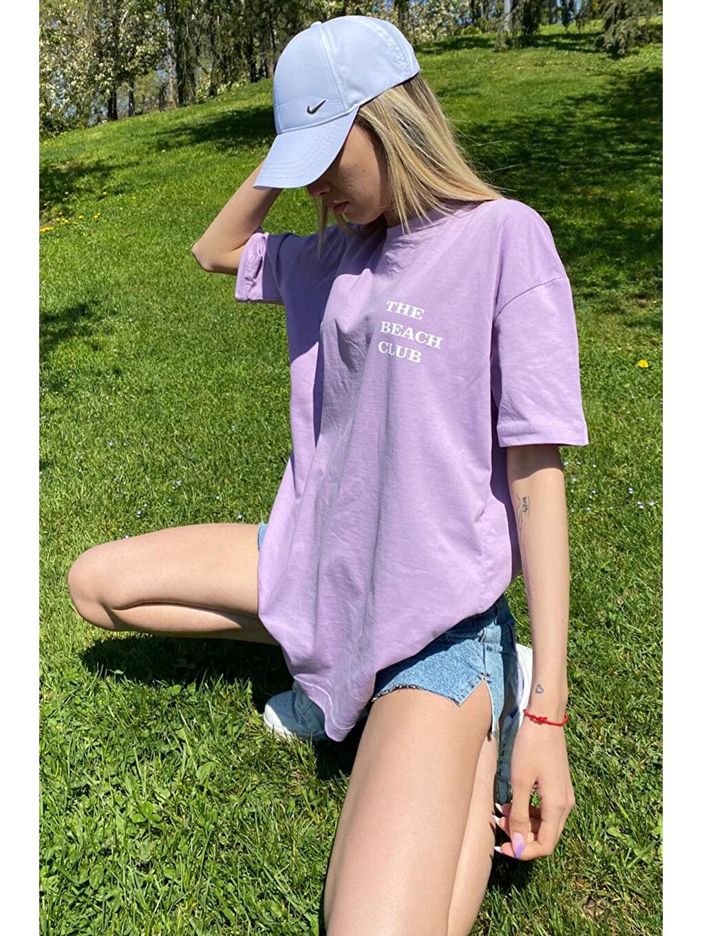 Lila Baskılı Oversize Yuvarlak Yaka Kadın Tişört-1