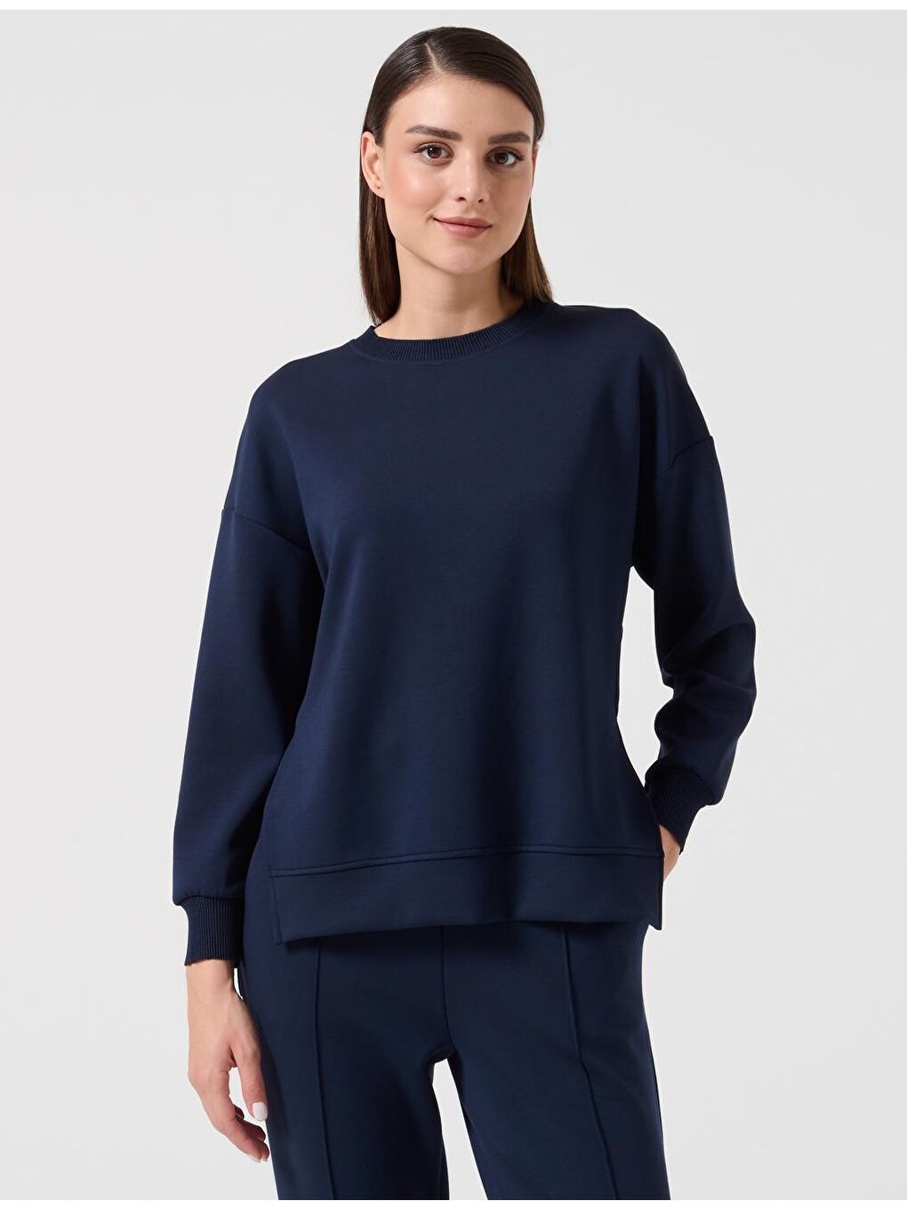 Lacivert Bol Kesim Bisiklet Yaka Uzun Kollu Örme Sweatshirt