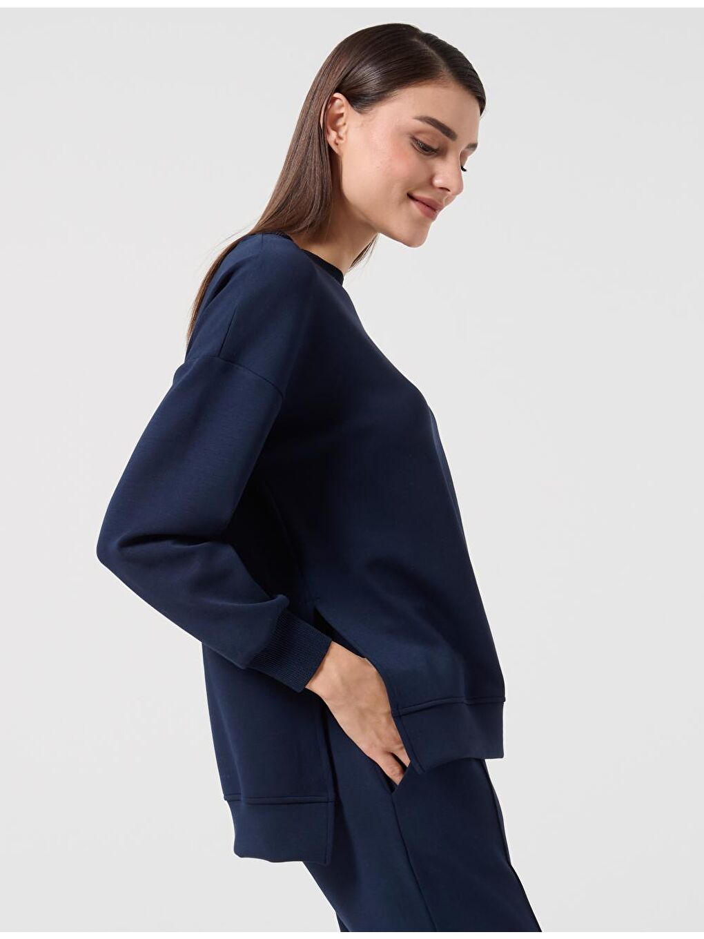 Lacivert Bol Kesim Bisiklet Yaka Uzun Kollu Örme Sweatshirt-1