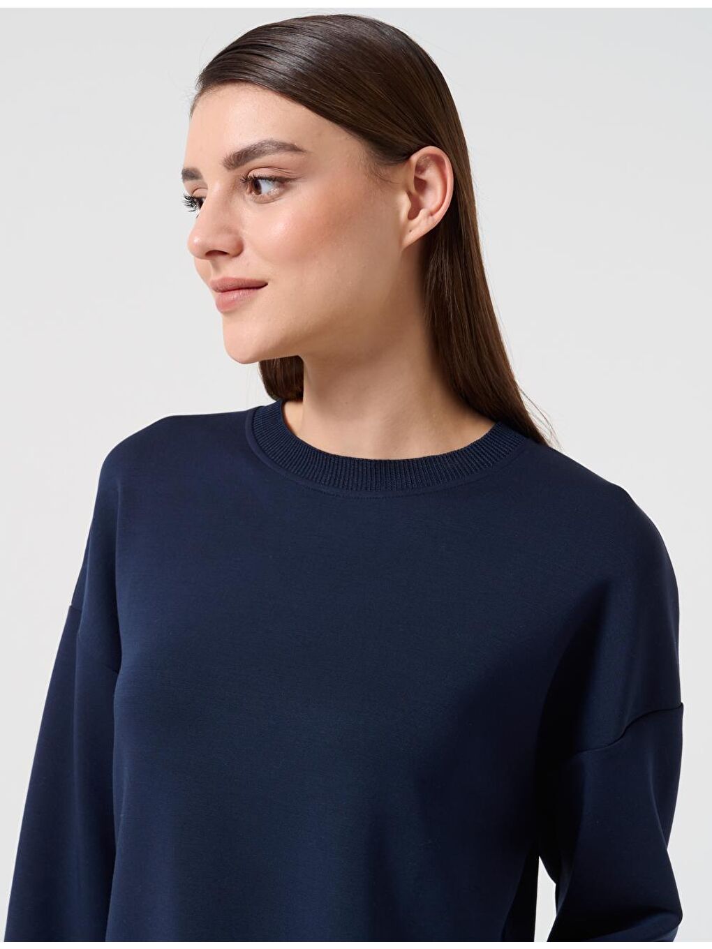 Lacivert Bol Kesim Bisiklet Yaka Uzun Kollu Örme Sweatshirt-2