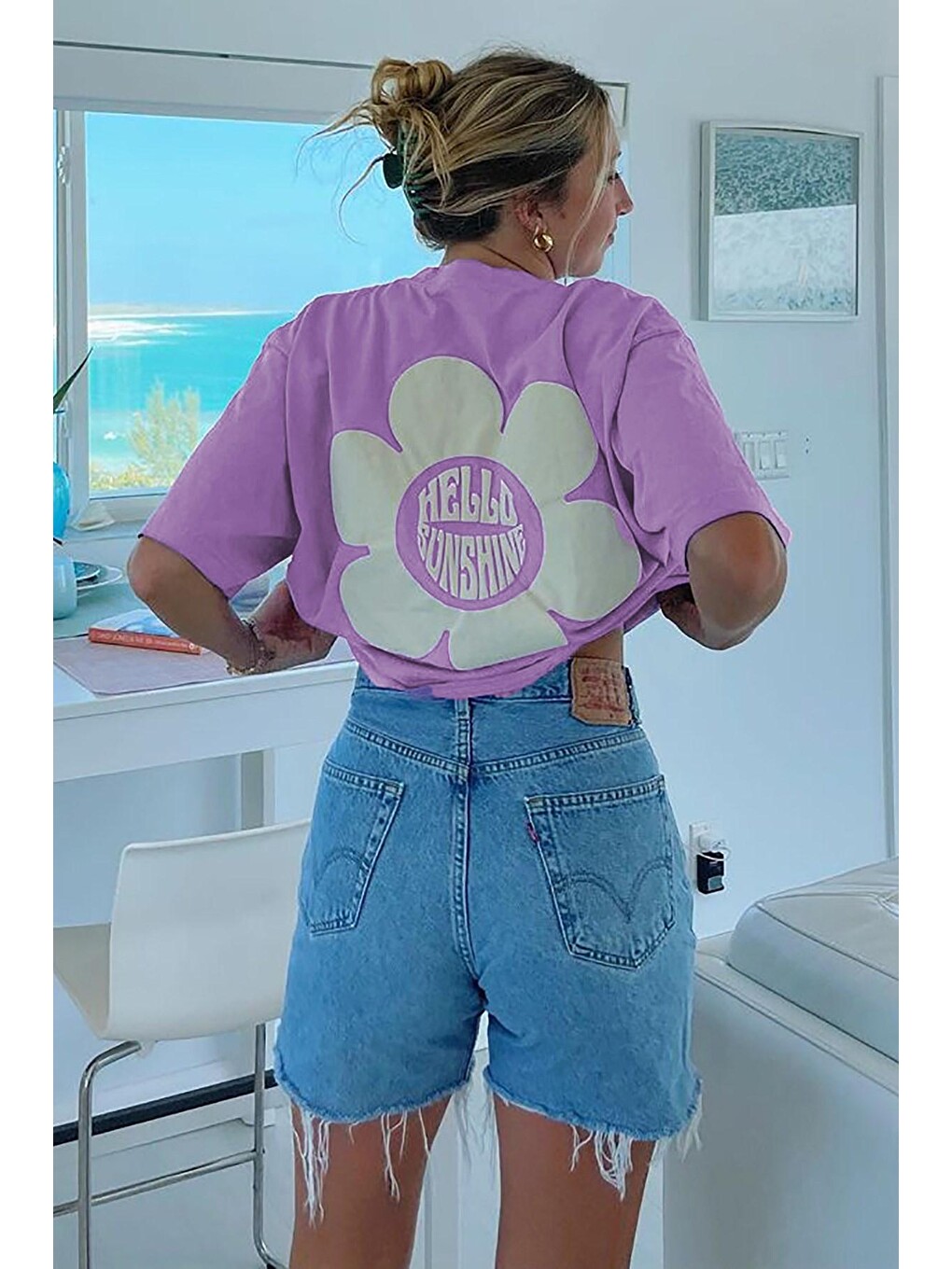 Lila Baskılı Oversize Yuvarlak Yaka Kadın Tişört-2