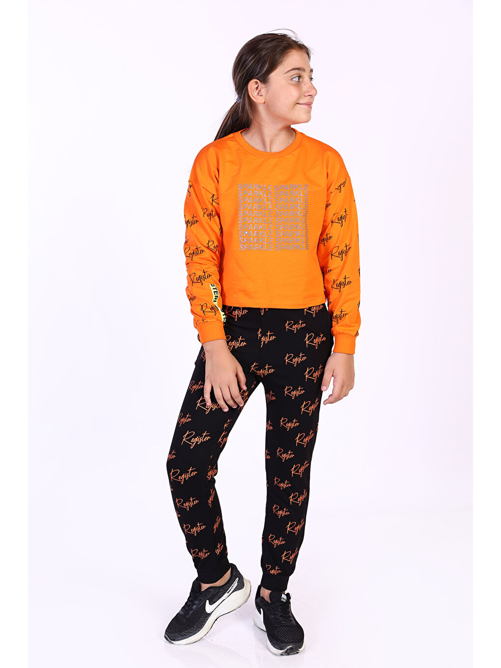 Turuncu Kız Çocuk 2'li Takım Baskılı Bisiklet Yaka Sweatshirt & Beli Paçası Lastikli Jogger Eşofman Altı - R-1