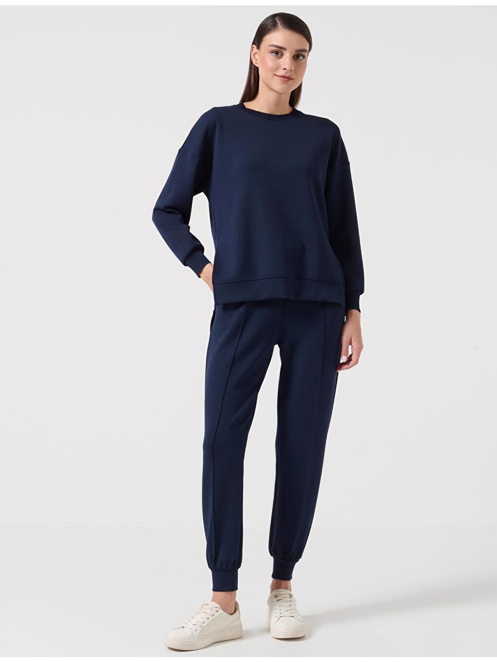 Lacivert Bol Kesim Bisiklet Yaka Uzun Kollu Örme Sweatshirt-3