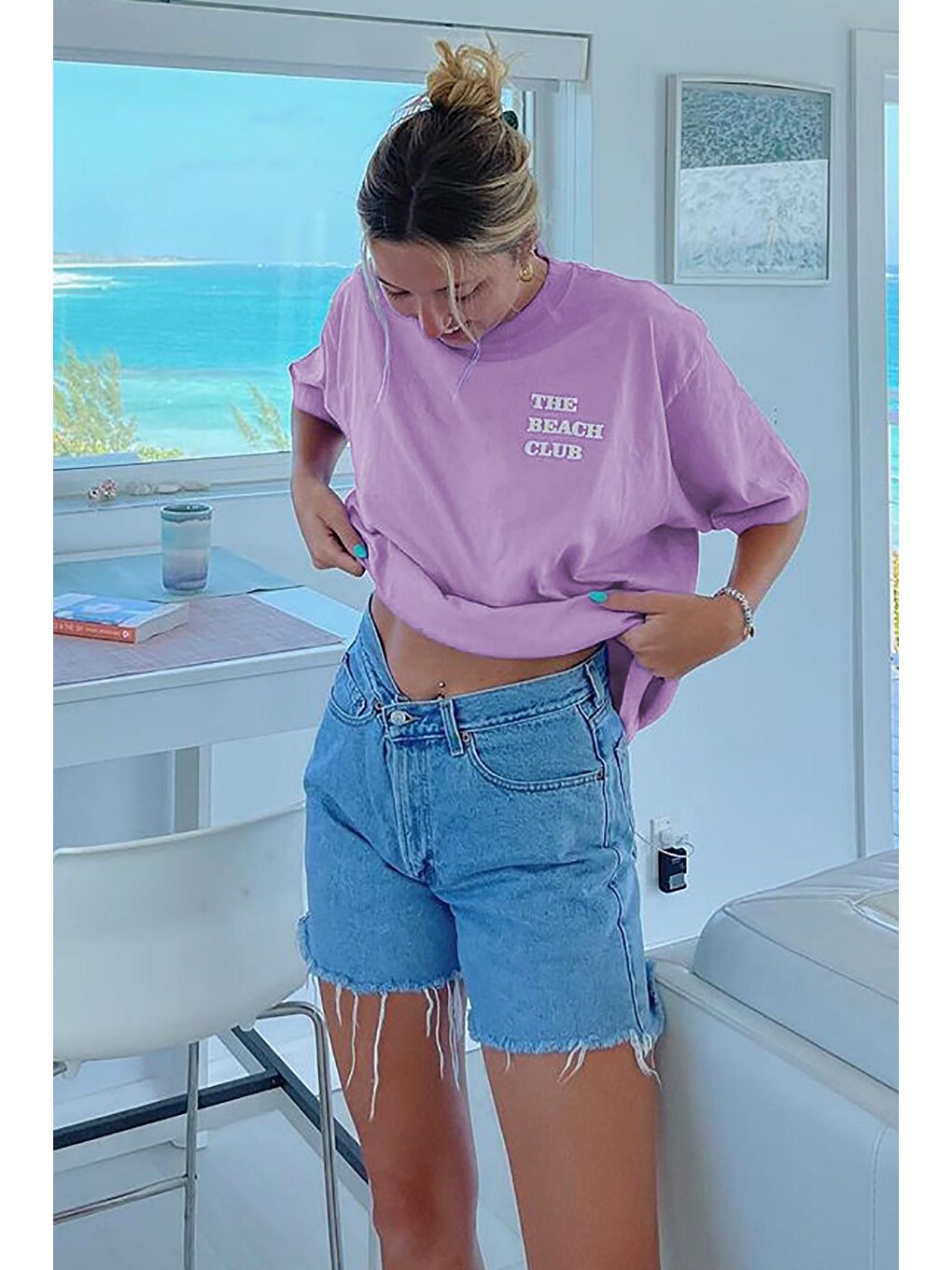 Lila Baskılı Oversize Yuvarlak Yaka Kadın Tişört-3