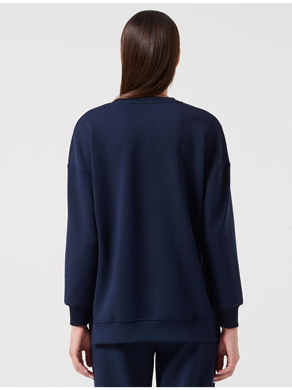 Lacivert Bol Kesim Bisiklet Yaka Uzun Kollu Örme Sweatshirt-4