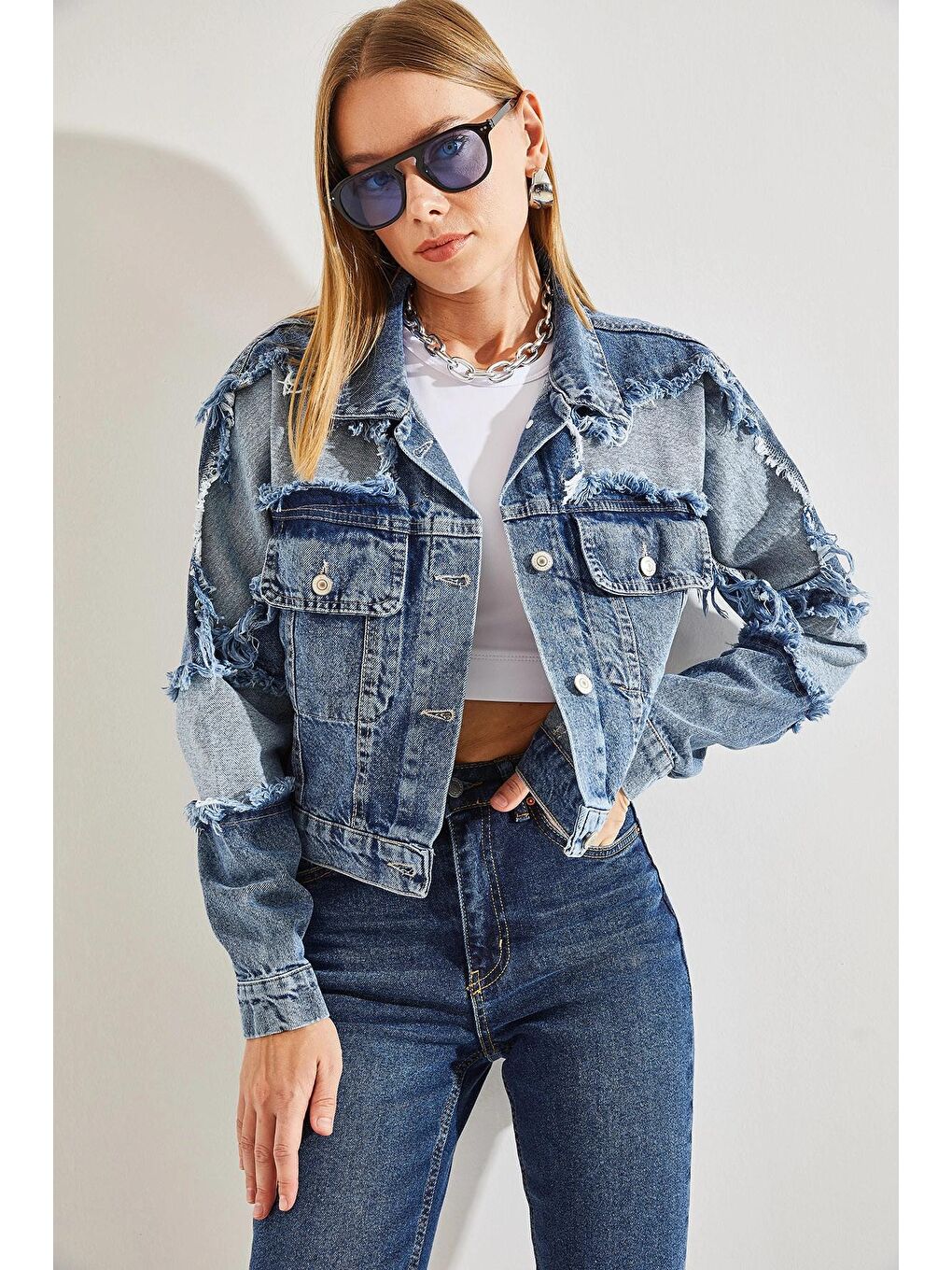 Mavi Kadın Yırtık Detaylı Denim Ceket-4