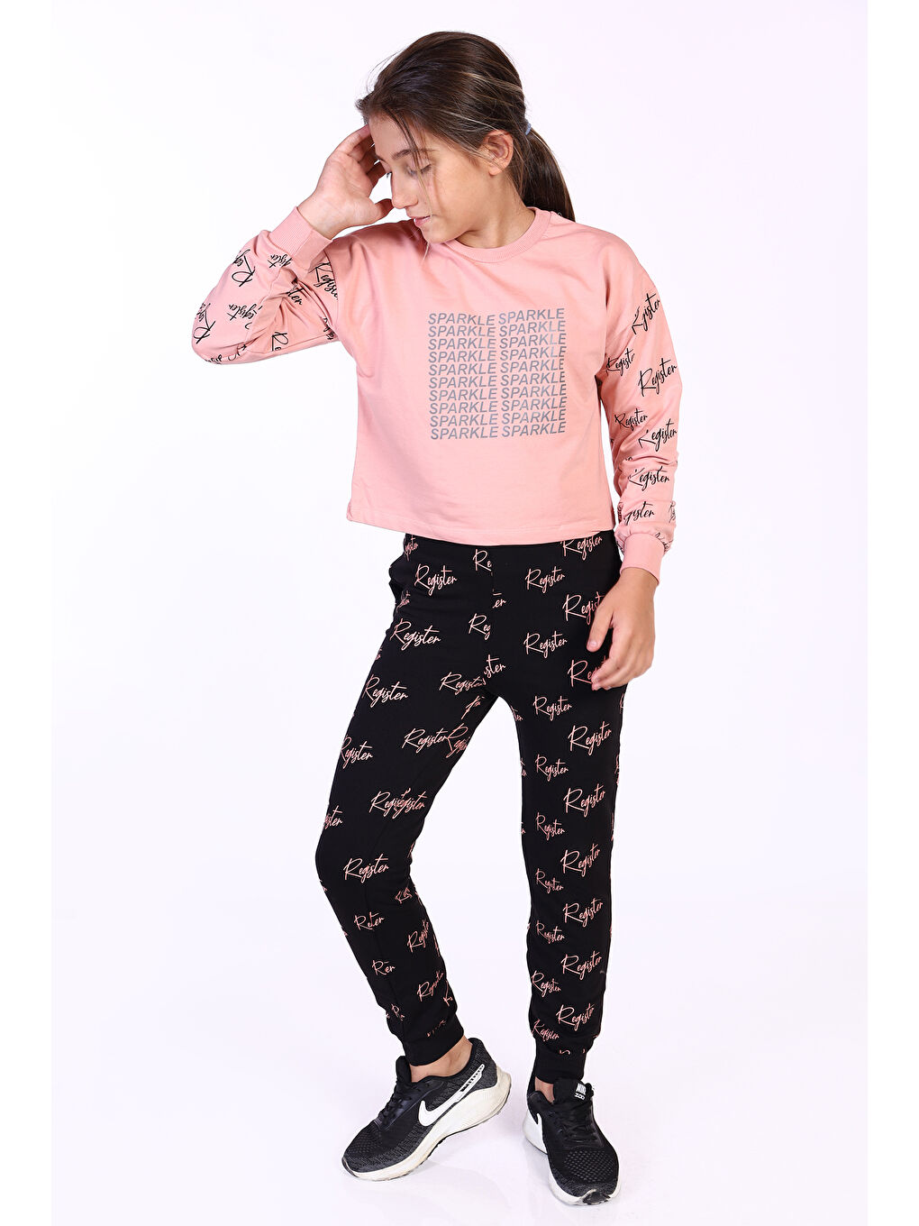 Pembe Kız Çocuk 2'li Takım Baskılı Bisiklet Yaka Sweatshirt & Beli Paçası Lastikli Jogger Eşofman Altı - R-1