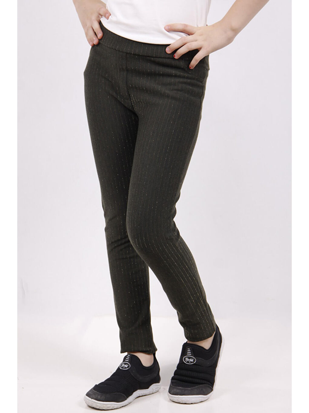 Haki Kız Çocuk Simli Çizgili Tayt