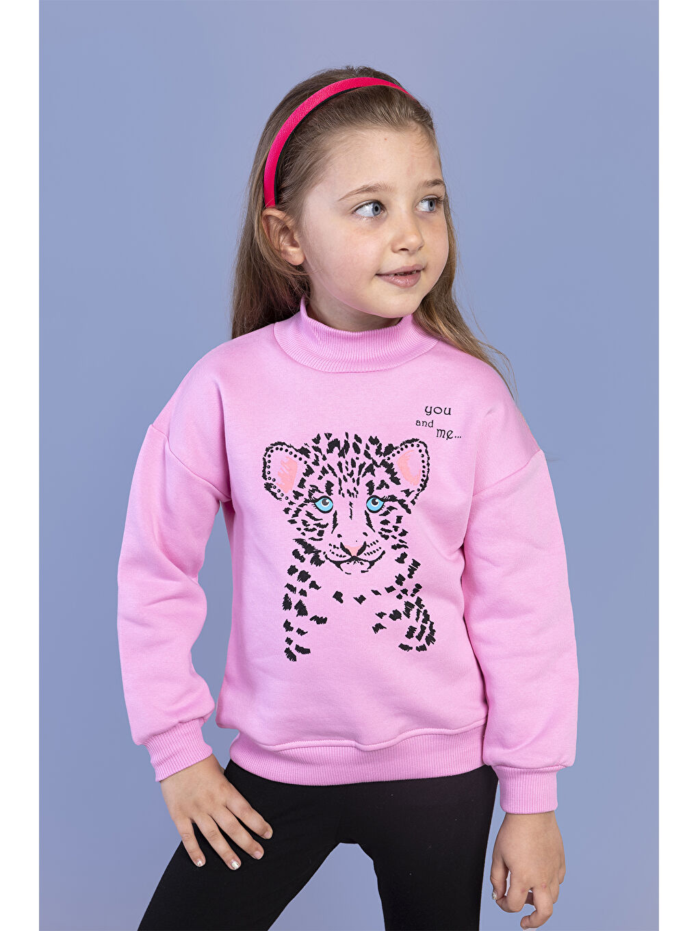 Pembe Kız Çocuk Baskılı Balıkçı Yaka Pamuklu Sweatshirt-2