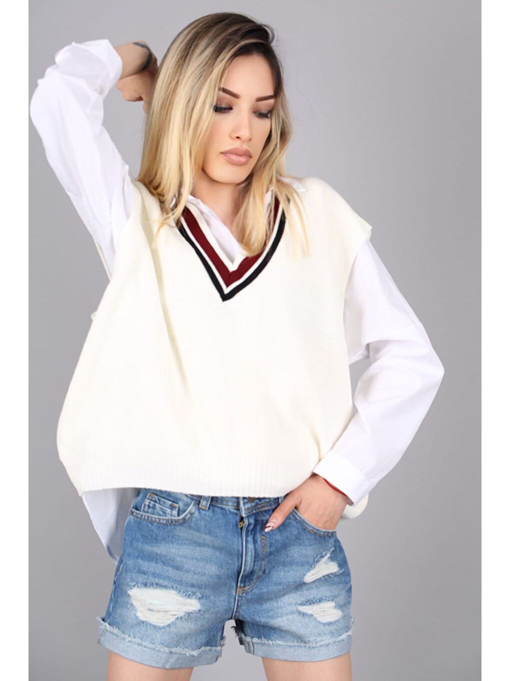 Beyaz Hardal V Yaka Çizgili Kadın Süveter-2