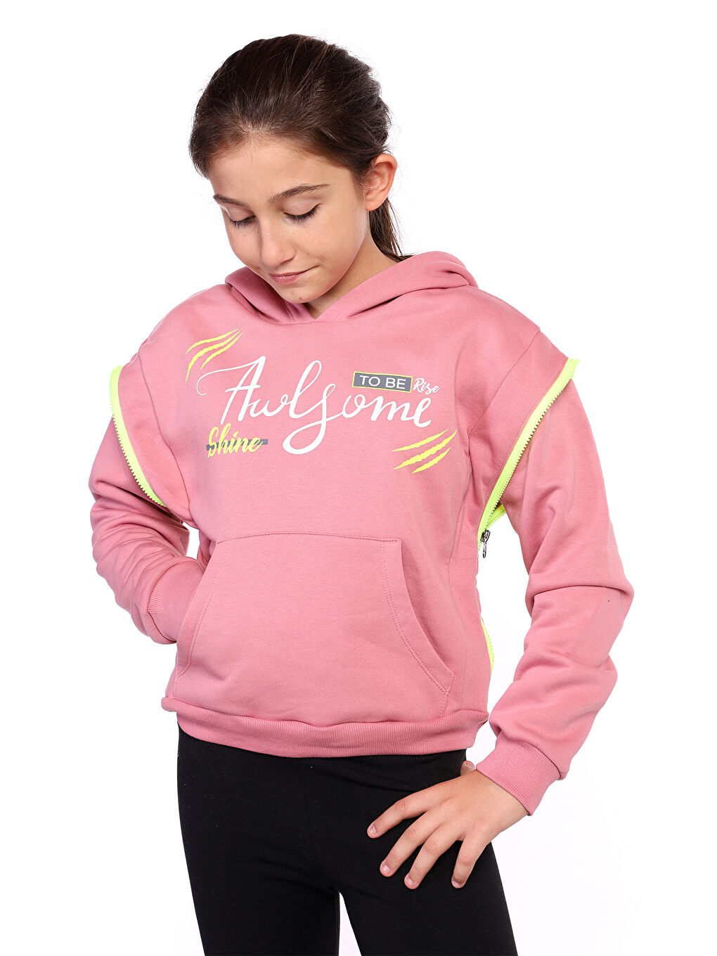 Pembe Kız Çocuk Baskılı Kanguru Cepli Sweatshirt-2