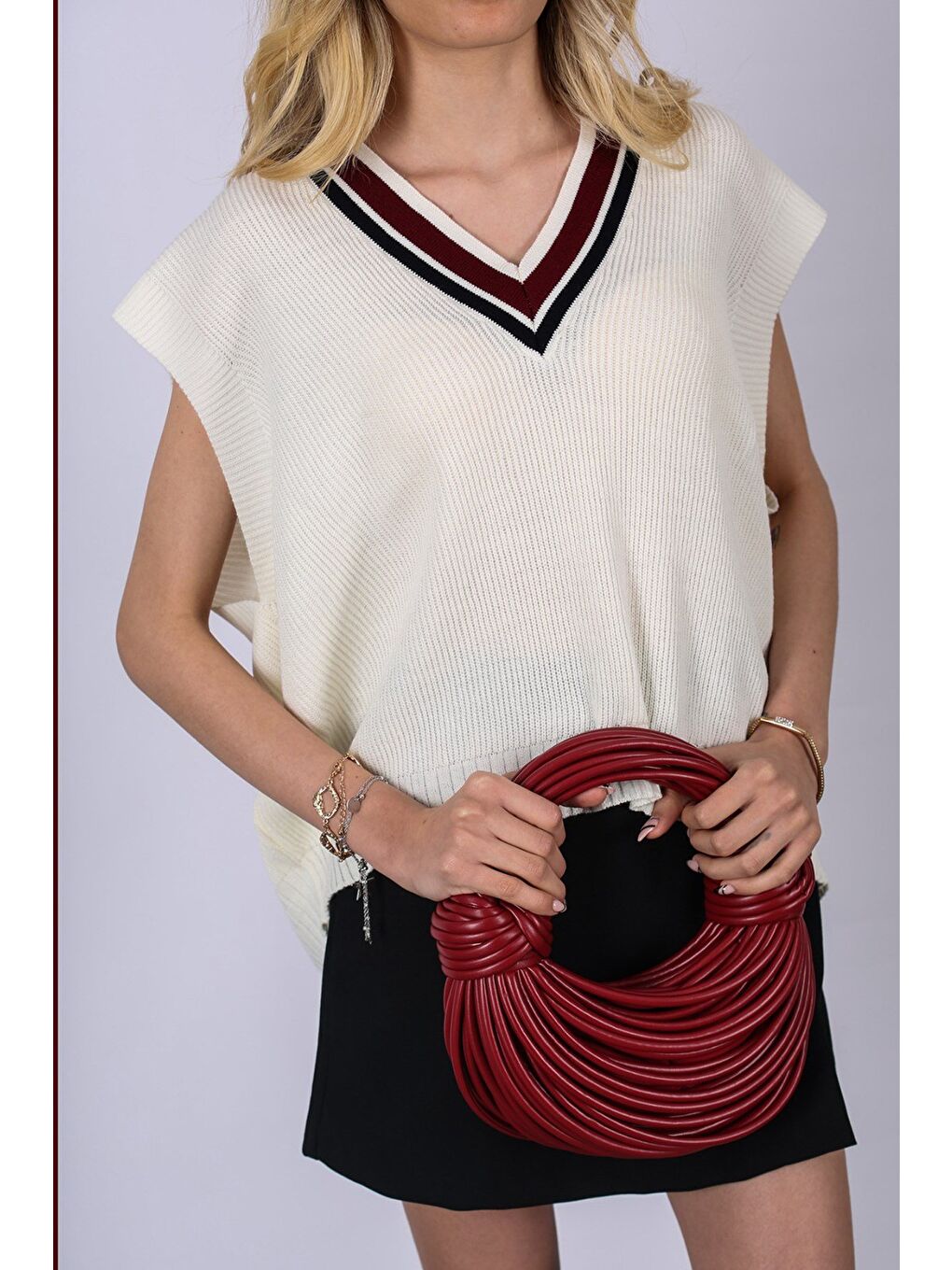 Beyaz Hardal V Yaka Çizgili Kadın Süveter-4