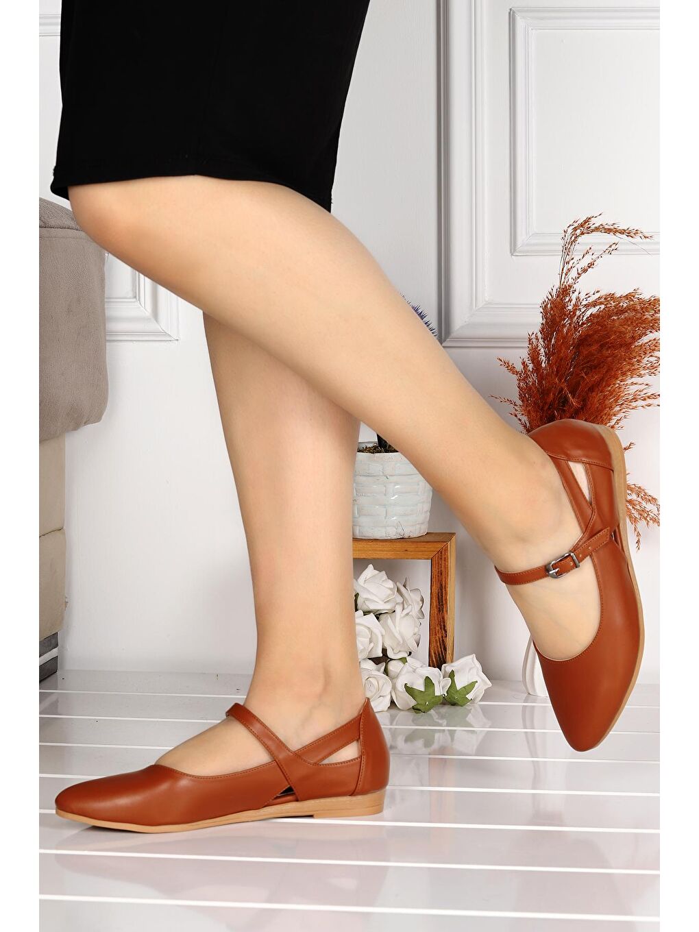 Kahverengi Cilt Sandalet Kadın Babet Ayakkabı 1920-201-1