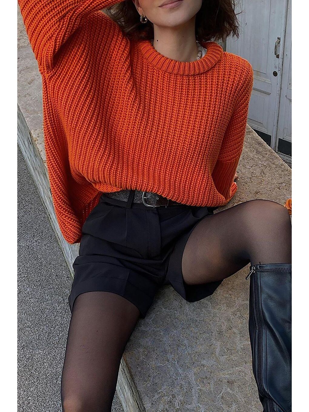 Turuncu Bisiklet Yaka Basic Kazak Mg1264-4