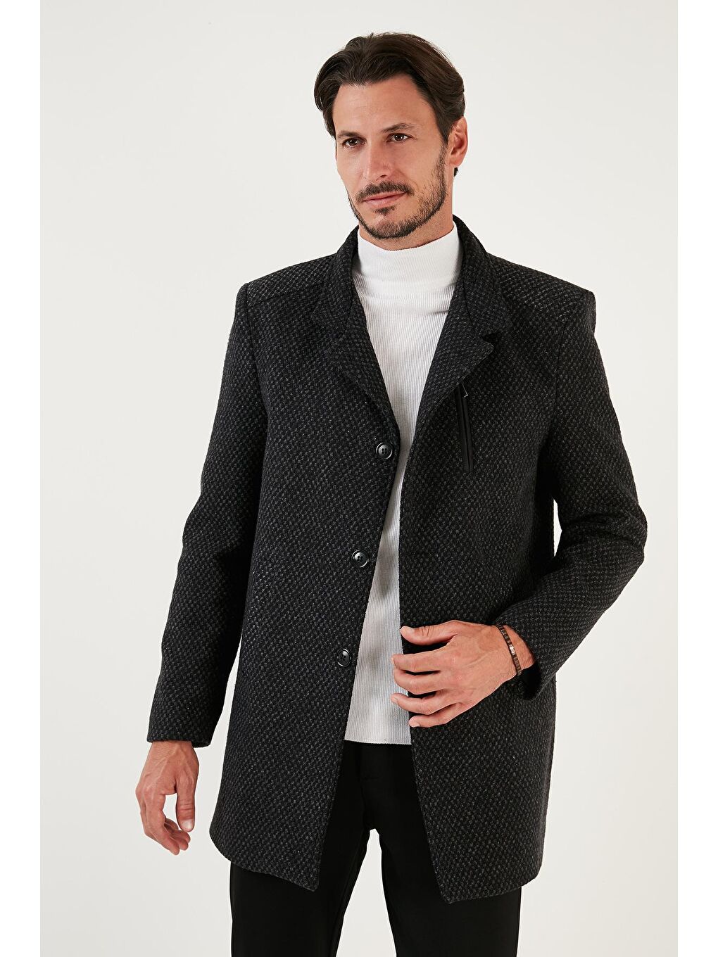 Buratti Açık Antrasit Düğmeli Kırçıllı Slim Fit Erkek Kaşe Kaban 5840099N