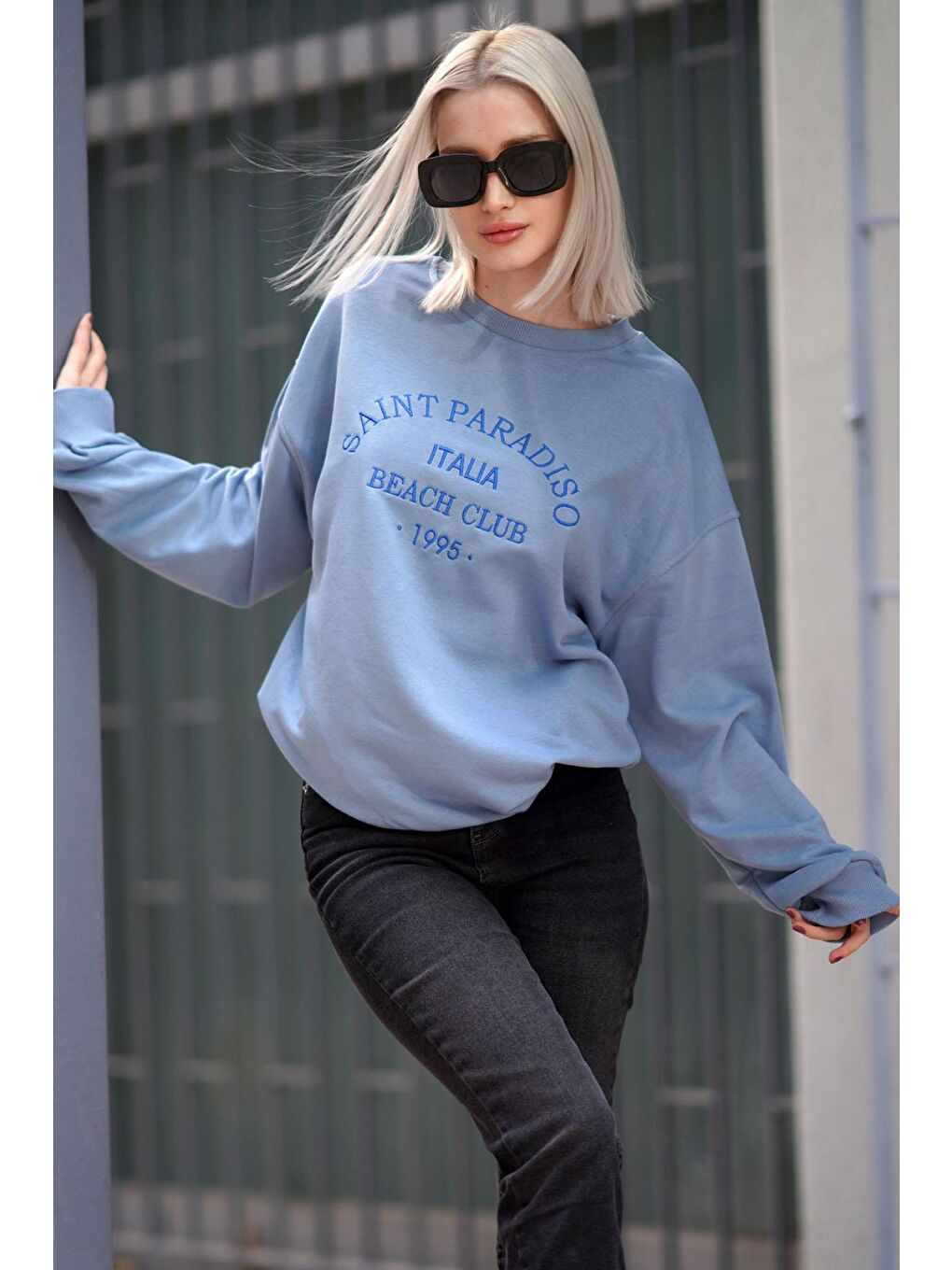 Mavi Bisiklet Yaka Baskılı Sweatshirt Mg1924-1