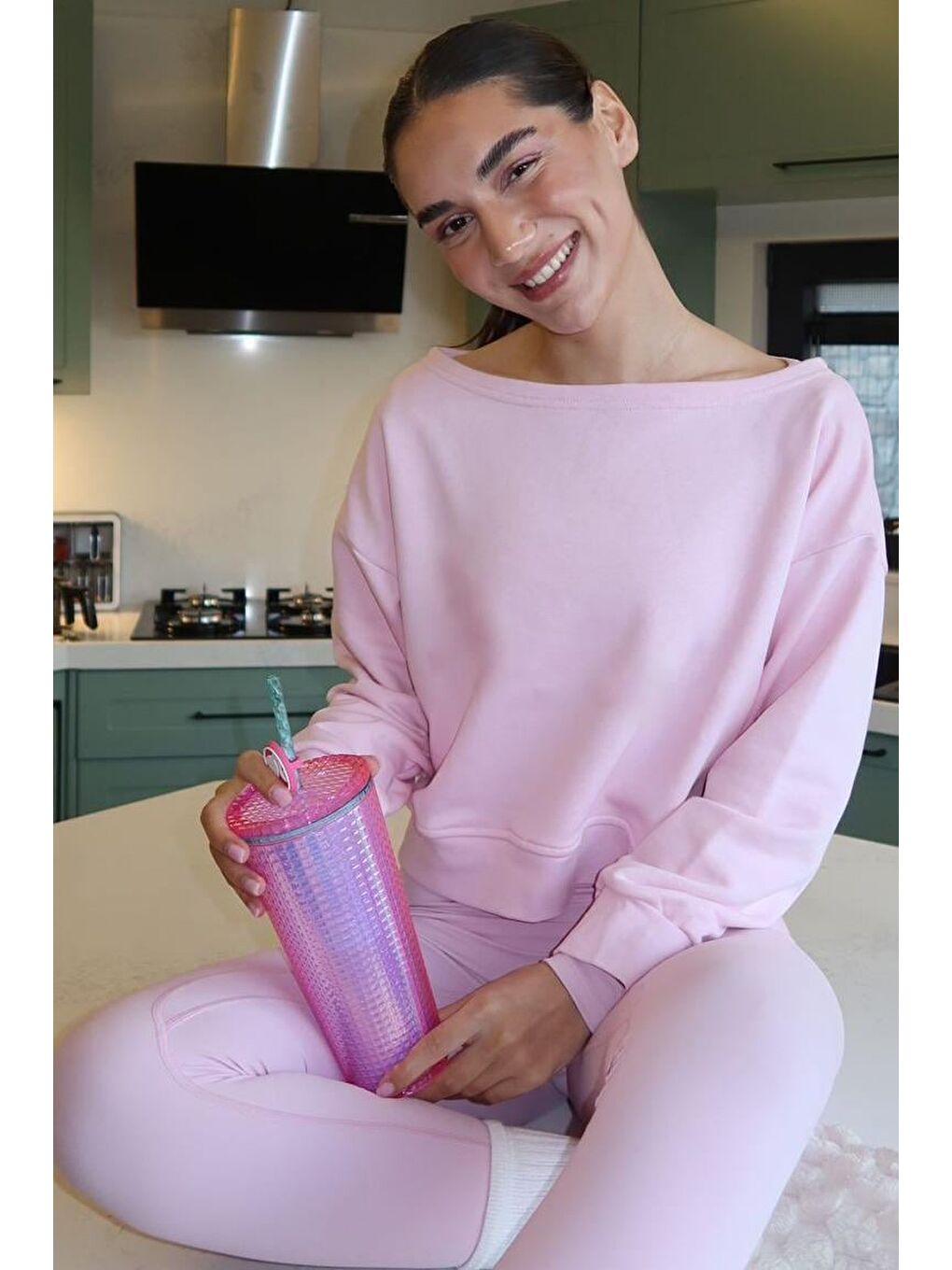 Pembe Kayık Yaka Kadın Sweatshirt Mg2208