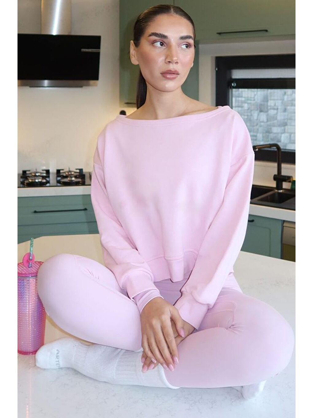 Pembe Kayık Yaka Kadın Sweatshirt Mg2208-1