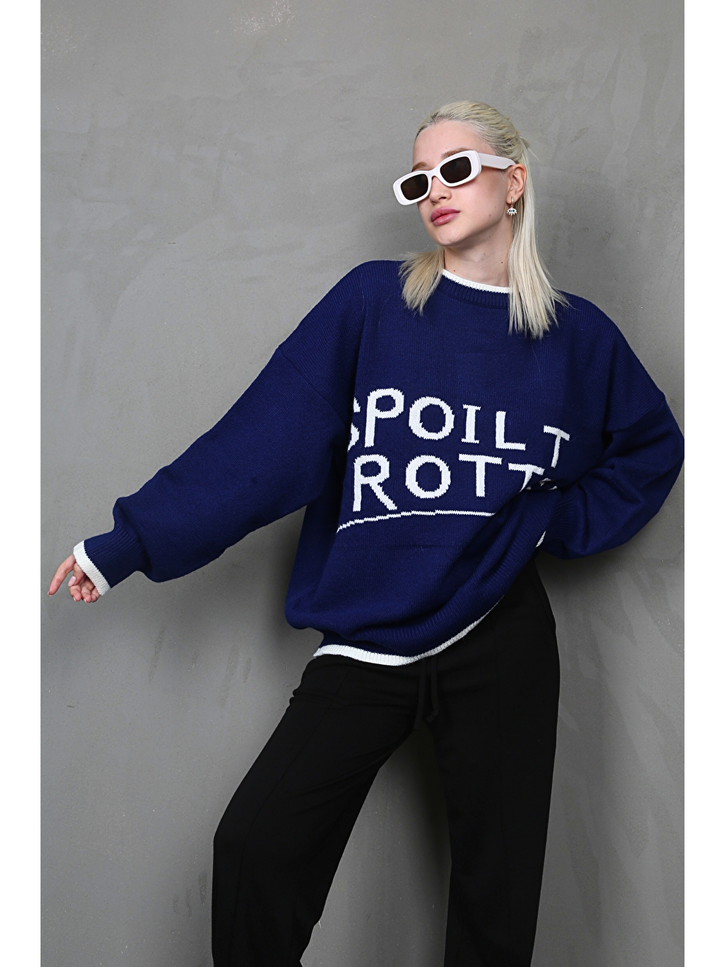 Mavi Saks Yazılı Oversize Bisiklet Yaka Kadın Kazak-1