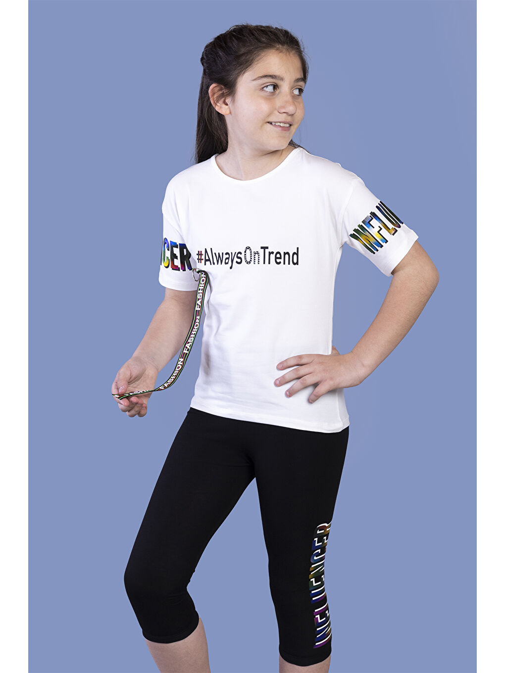 Ekru Kız Çocuk Şerit Detaylı Renkli Baskılı Taytlı Takım-1